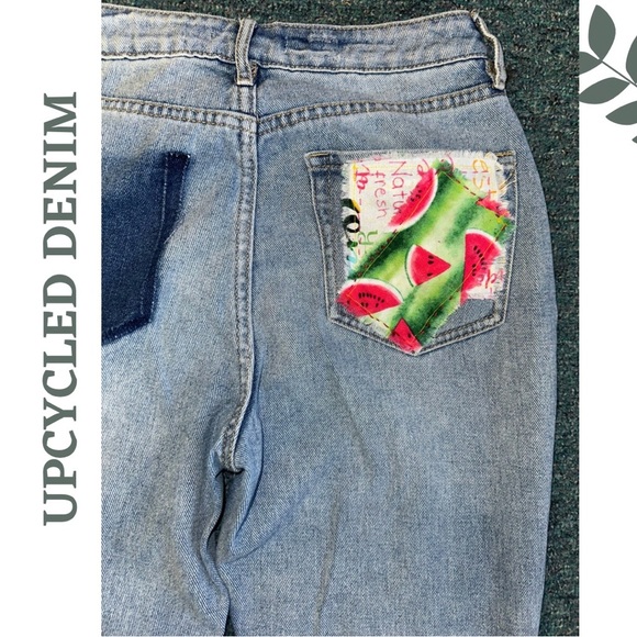 Upcycled High Rise Straight Leg Jeans Patchwork Ribbon Tropical Blue Size 26 - Picture 6 of 9